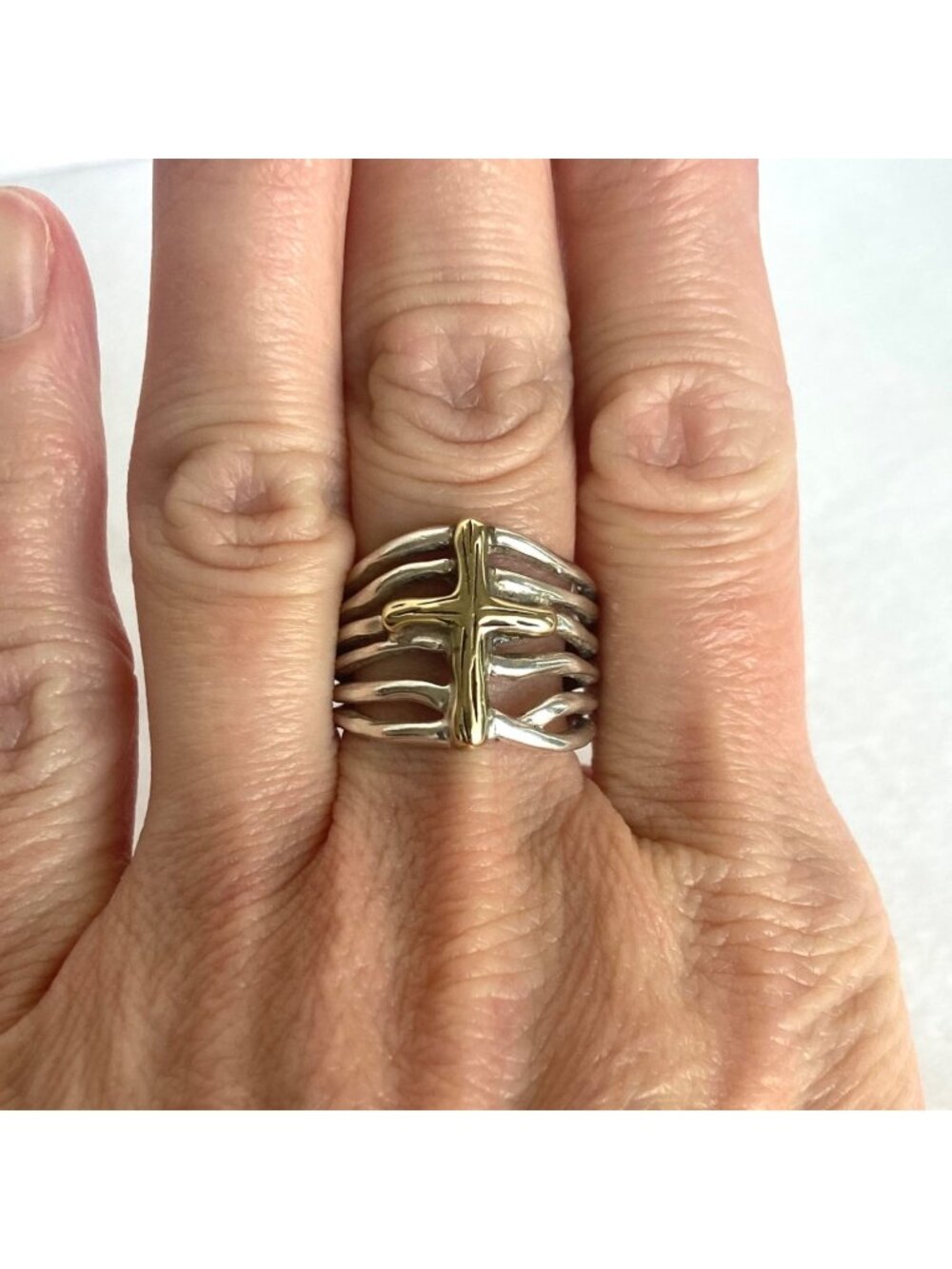 Grace & Heart Sterling Silver 925 Modernist Brass Cross Thatch Band Ring Sz 7.75